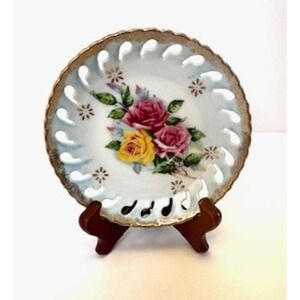 Lefton China Hand Painted Rose Plate Gold Trim Lattice Edge